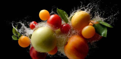 Aufkleber - Fresh fruits including apples, tomatoes, and oranges burst through water, adding excitement to cooking activities. This lively action captures the essence of vibrant culinary preparation.
