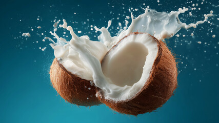 Aufkleber - Coconut halves split apart, releasing fresh coconut milk that splashes in multiple directions against a vibrant blue backdrop. A dynamic cooking moment conveying freshness and flavor.