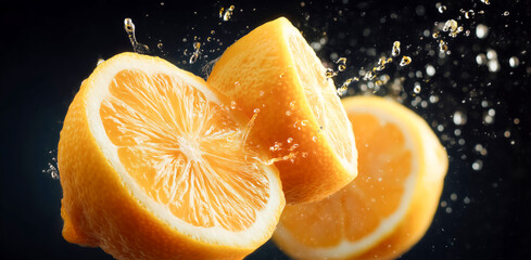 Aufkleber - Lemons are sliced in half, with bright yellow flesh exposed, as droplets of juice spray in the air. The kitchen environment adds a lively atmosphere to the cooking experience.