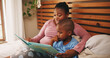 © peopleimages.com - Home, reading book and mother with boy, bedroom and bonding together with knowledge. African family, mama and son with storytelling, learning and child development with hobby, literacy and help