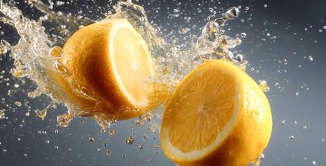 Poster - Juicy lemons cut in half burst into droplets as they hit the water, showcasing a cooking moment full of freshness and vibrant flavors, ideal for enhancing meals with citrus zest.