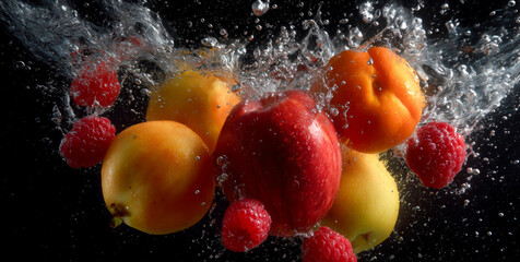 Aufkleber - Juicy fruits including apples, apricots, and raspberries are dramatically splashing into clear water, creating bubbles and ripples. This lively display showcases their freshness and color.