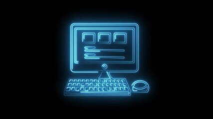 Glowing neon computer with keyboard and mouse on a black background