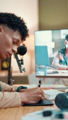 Poster - Computer, man and video editing with graphic tablet, creative or content creation on website and serious. Media production, influencer or person with tech for process, screen and consistency for vlog