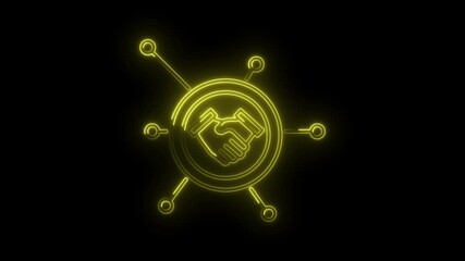 Glowing business partnership agreement represented by connected handshake icon on black background