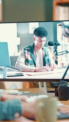 Aufkleber - Computer, creative and video editing with software, hands and content creation on website or online. Media production, influencer and person with tech for process, screen and consistency for vlog