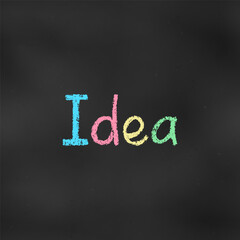 Wall Mural - Cute Design Colorful Word Idea Isolated on Chalkboard Backdrop. Children's Chalk Drawn Sketch.