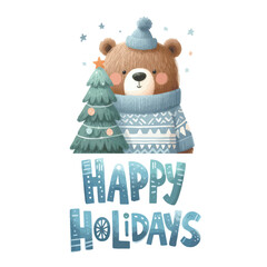 Wall Mural - Merry Christmas and Happy New Year. Happy Holidays Vector illustrations of Christmas tree and plush bear in blue sweater.