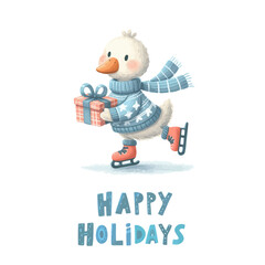 Wall Mural - Merry Christmas and Happy New Year. Happy Holidays Vector illustrations of gosling in a sweater on skates.