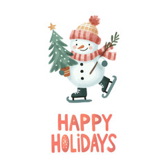 Wall Mural - Merry Christmas and Happy New Year. Happy Holidays Watercolor cute snowman with a Christmas tree in his hands is skating.