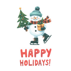 Wall Mural - Merry Christmas and Happy New Year. Happy Holidays Watercolor cute snowman with a Christmas tree in his hands is skating.
