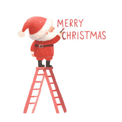 Wall Mural - Watercolor cute Santa Claus on the ladder painting on the wall the inscription Merry Christmas.