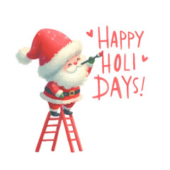 Wall Mural - Watercolor cute Santa Claus on the ladder painting on the wall the inscription Merry Christmas.