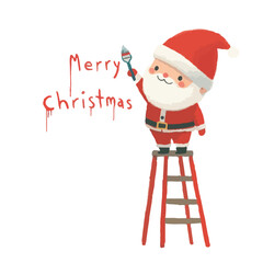Wall Mural - Watercolor cute Santa Claus on the ladder painting on the wall the inscription Merry Christmas.