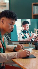 Poster - Computer, creative and man with pen display, video editing and content creation with graphic tablet. Media production, influencer and person with tech for process, screen and color grading of vlog