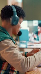 Aufkleber - Computer, content creation and man with headphones, creative and video editing on website or online. Media production, influencer and person with tech for process, screen and consistency for vlog