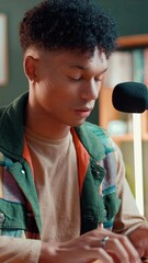 Aufkleber - Content creator, man and editing podcast with technology for post production with microphone. Keyboard, creative editor and work at home for sound effects, typing or upload footage on social media