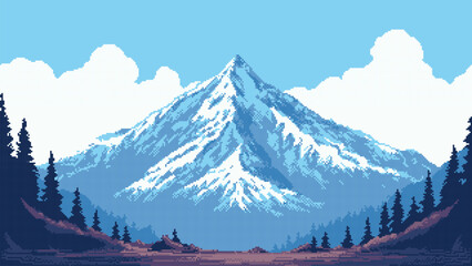 Wall Mural - 8-bit pixel art game level background. 2d retro video game graphics. vector illustration. snow-cappe