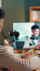 Poster - Man, live streaming and video editing in studio with talk, info or tips for content creation in home. Person, influencer and discussion with production, software and digital tools for social media
