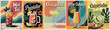 © Digital Nomad - Set of exotic summer cocktail posters in retro Mid Century Modern style featuring Mai Tai, Daiquiri, Piña Colada, Painkiller, and Caipirinha. Perfect for bar, party, and vintage design themes.
