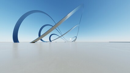 Aufkleber - 3d illustration of abstract wavy architecture background, Minimal curved geometry architectural design, Car presentation backdrop with empty concrete floor, Flowing geometric metal building design