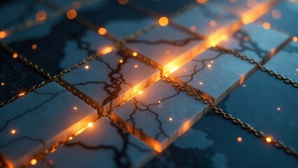 Wall Mural - The image is a close up of a chain of small squares with a lot of light shining on them