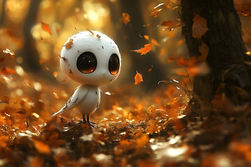 Adorable white owlet with big eyes amidst autumn leaves, soft focus, warm colors, whimsical creature in a forest setting