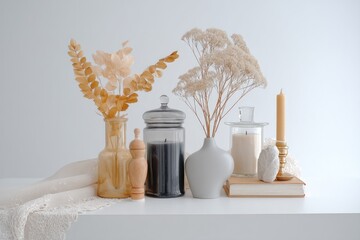 Wall Mural - an elegant array of smoky glass jars paired with dried flowers is thoughtfully arranged on a shelf i