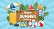 © Purnomo - “Happy Summer Holiday” Scene with Travel Accessories, Surfboard, and Beach Items