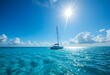 © Thebro  - sailboat on bright blue water under sun and fluffy clouds