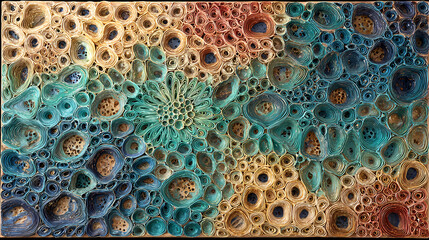 Wall Mural - concept piece for design magazine | interconnected essence | subconscious resonance | coral and turquoise | biocentric vortex | repeating loops | cellular structures | glazed layering | meditative