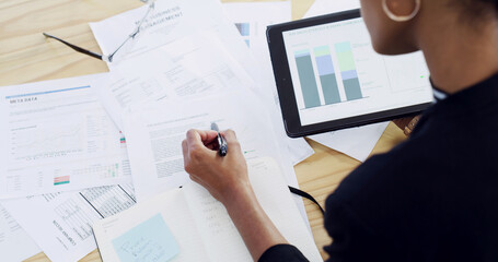 Poster - Hands, documents and audit on tablet for finance, report or graph for profit, data or debt in office. Person, accountant and digital touchscreen with paperwork, review and app for charts at agency