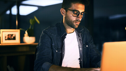 Poster - Night, journalist and man on laptop for writing draft, update and deadline for news article. Project, journalism or creative writer in overtime for blog website, story research and online publication