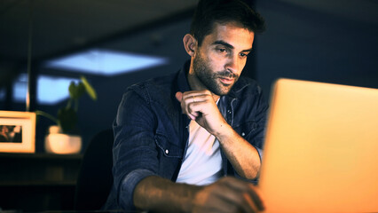Aufkleber - Office, night and businessman with laptop for research, proofreading and deadline for news article. Late, male person and journalist with digital for blog website, editing story or online publication