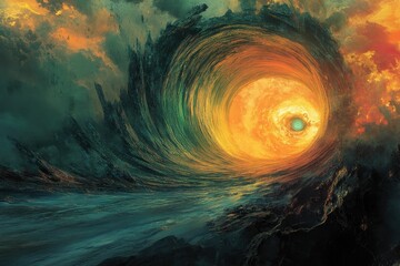 Aufkleber - A swirling vortex of teal and orange, possibly a portal or cosmic event, set against a dramatic, stormy sky.