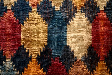 Aufkleber - Close-up view of a richly textured rug with a geometric pattern in deep reds, blues, and golds.