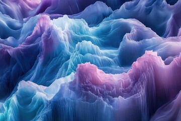 Poster - Abstract digital art depicting a surreal landscape of flowing, textured mountains in shades of blue, purple, and pink.