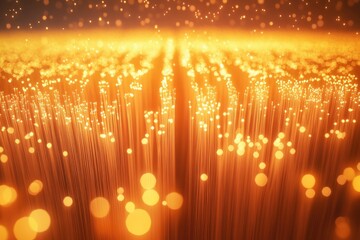 Poster - Illuminated fiber optic strands, glowing with warm, golden light, representing high-speed data transmission.