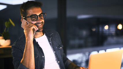 Aufkleber - Laptop, phone call and businessman in night office for research, copywriting deadline or project. Creative worker, writer or editor with overtime, update or discussion for editing news article online