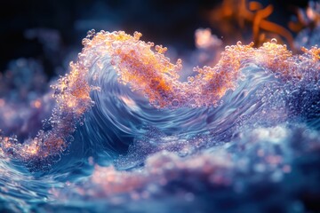 Poster - A mesmerizing wave of iridescent bubbles, glowing with warm light, creates a surreal and ethereal underwater scene.