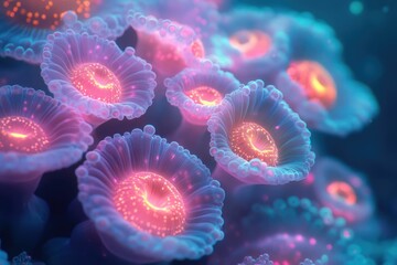 Aufkleber - Glowing, bioluminescent coral polyps in vibrant pink and blue hues create a mesmerizing underwater scene.