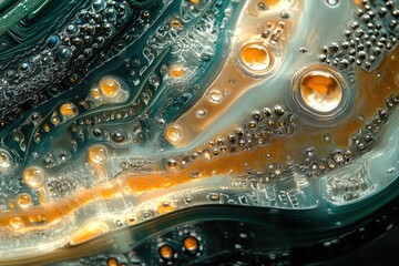 Aufkleber - Intricate patterns of teal, gold, and silver create a mesmerizing abstract image resembling a microscopic view of a circuit board or a gemstone.