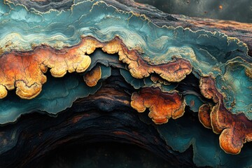Poster - Vibrant layers of fungi on dark wood, showcasing intricate textures and rich colors.