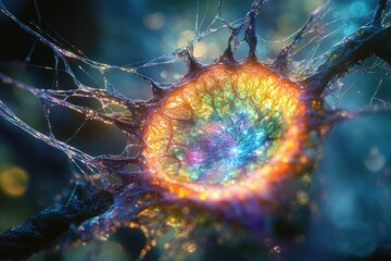 Aufkleber - A vibrant, iridescent sphere encased in a dark, web-like structure, radiating light and energy.