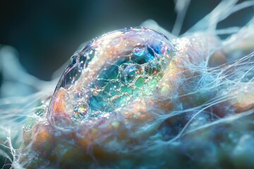 Aufkleber - Iridescent soap bubble trapped in a delicate spiderweb, creating a surreal and ethereal scene.