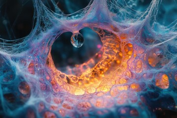 Aufkleber - A mesmerizing close-up of a dewdrop on an intricately woven spiderweb, glowing with vibrant, warm colors.