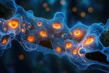 Leinwandbilder - Abstract microscopic image depicting a network of glowing cells, vibrant and intricate.