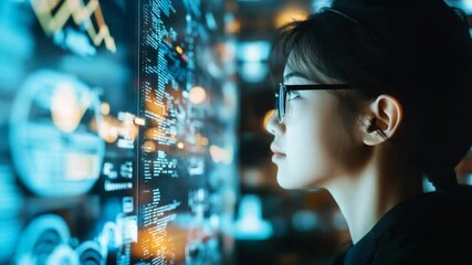 Focused female programmer analyzing complex data on futuristic transparent screen