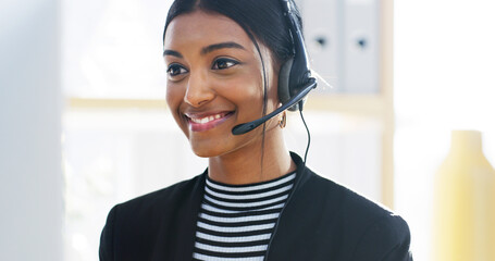 Poster - Call center, happy woman and computer with headset for customer service, CRM and talking. Office, female person and business consultant with digital for discussion, sales information and FAQ