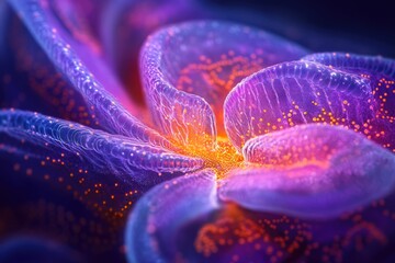 Poster - Abstract close-up of a vibrant, bioluminescent flower with glowing orange pollen.